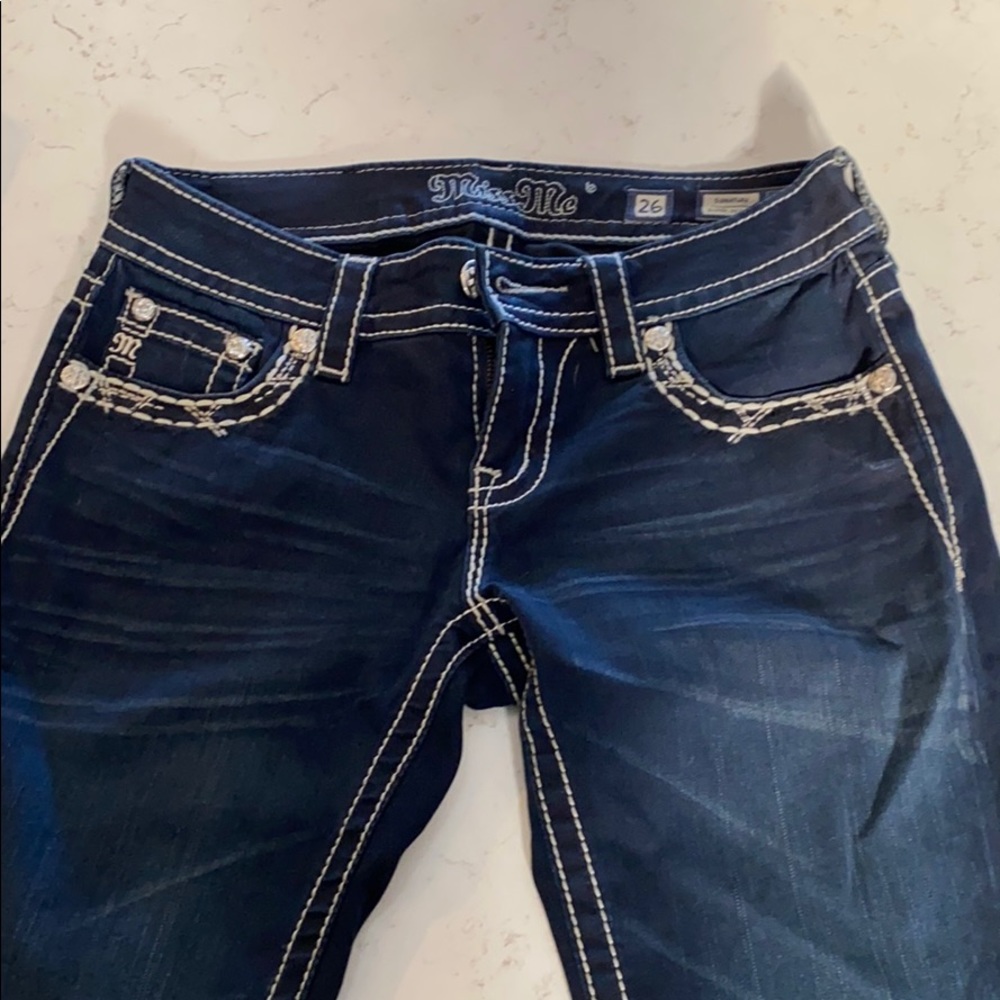 Size 26, Miss Me signature super skinny blue jeans